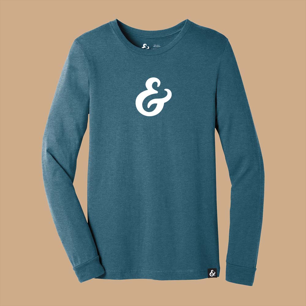 Teal Heather long sleeve T-shirt with a white ampersand on the front