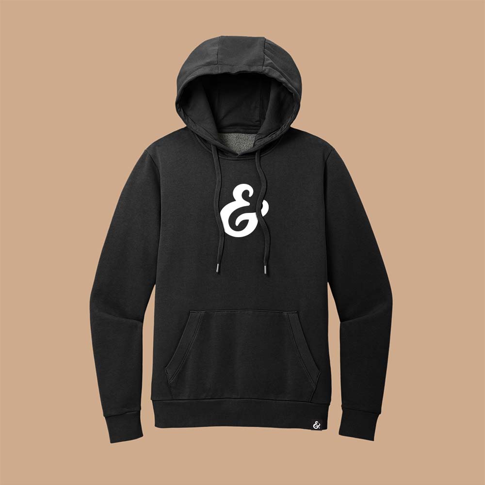 Black fleece hoodie with a white ampersand on the front
