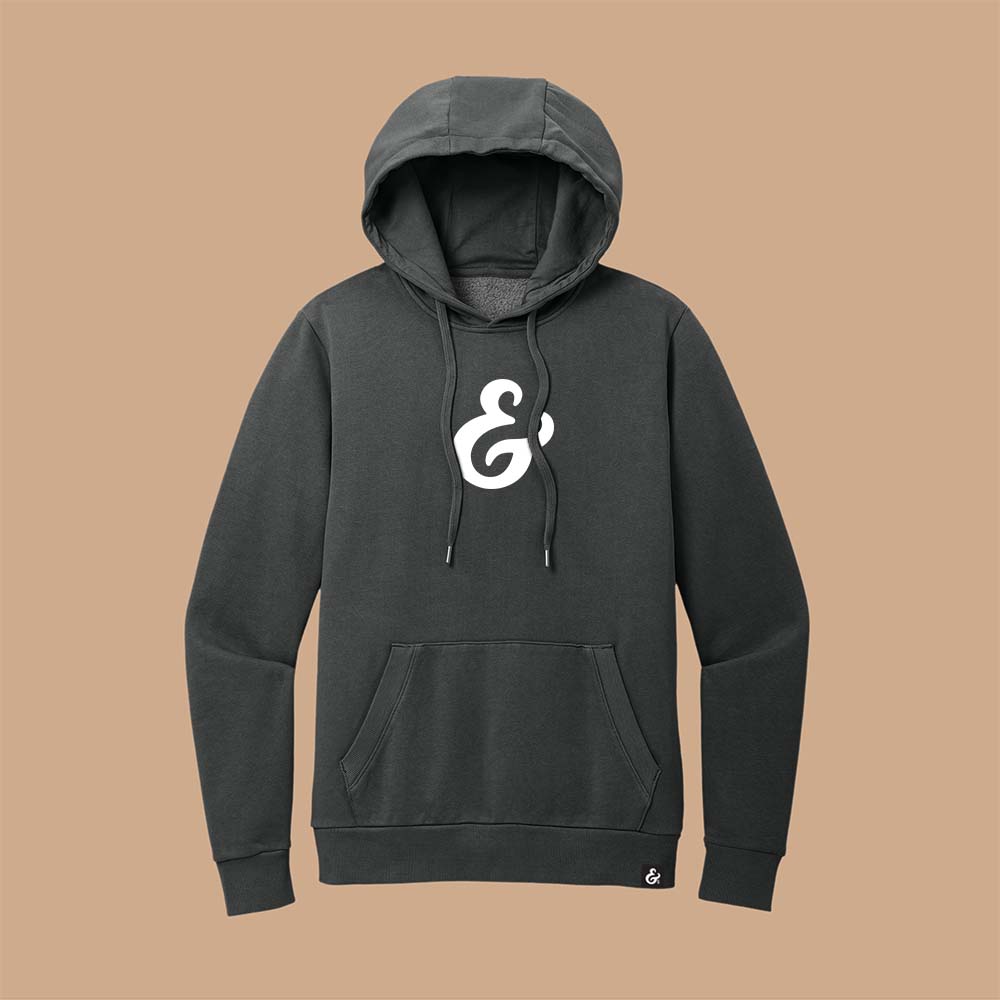 Dark Gray fleece hoodie with a white ampersand on the front