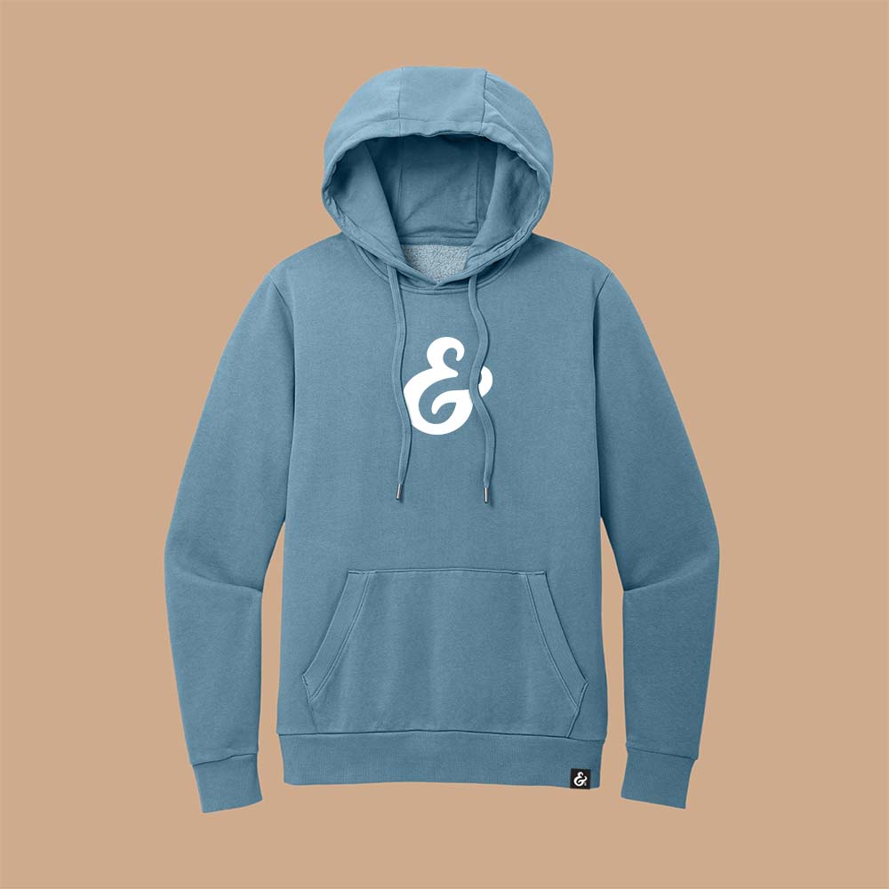 Dusk Blue fleece hoodie with a white ampersand on the front