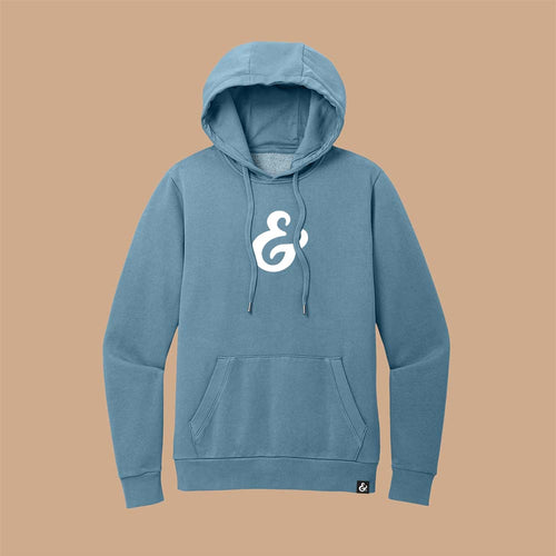 Dusk Blue fleece hoodie with a white ampersand on the front