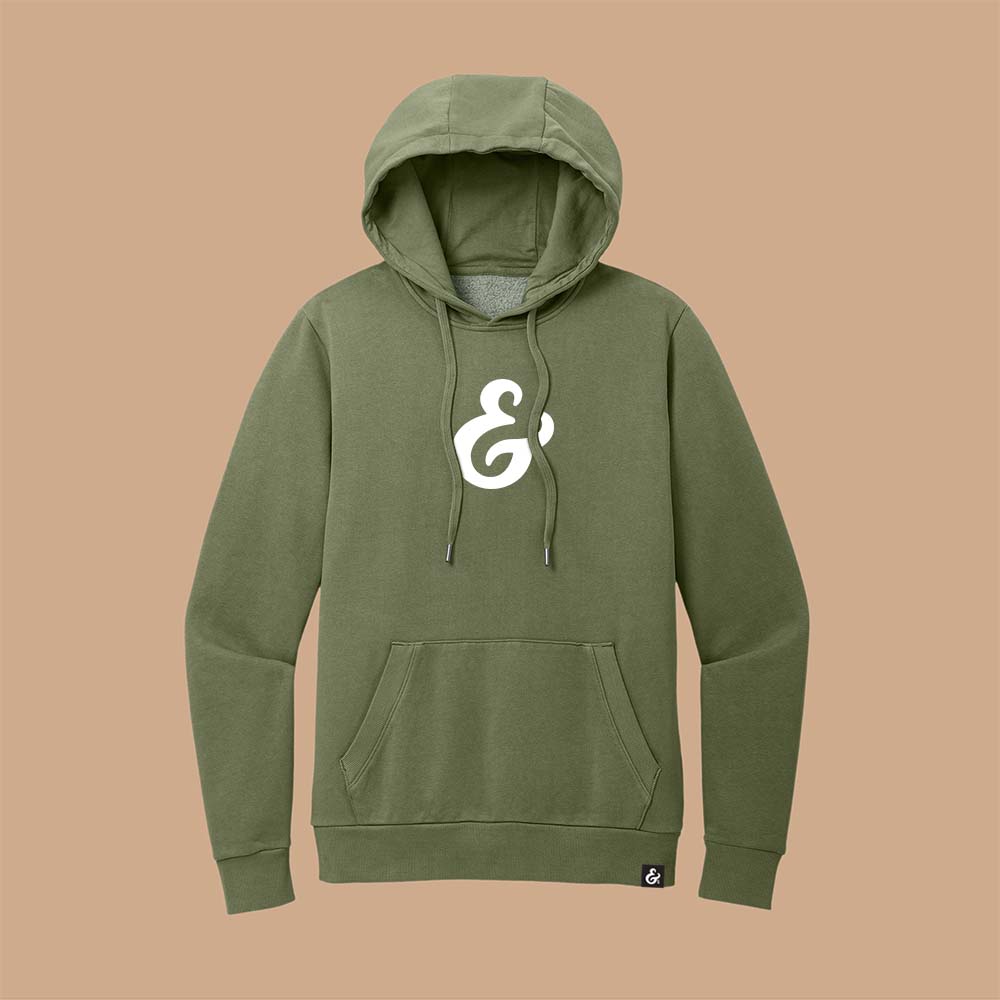 Olive Green fleece hoodie with a white ampersand on the front