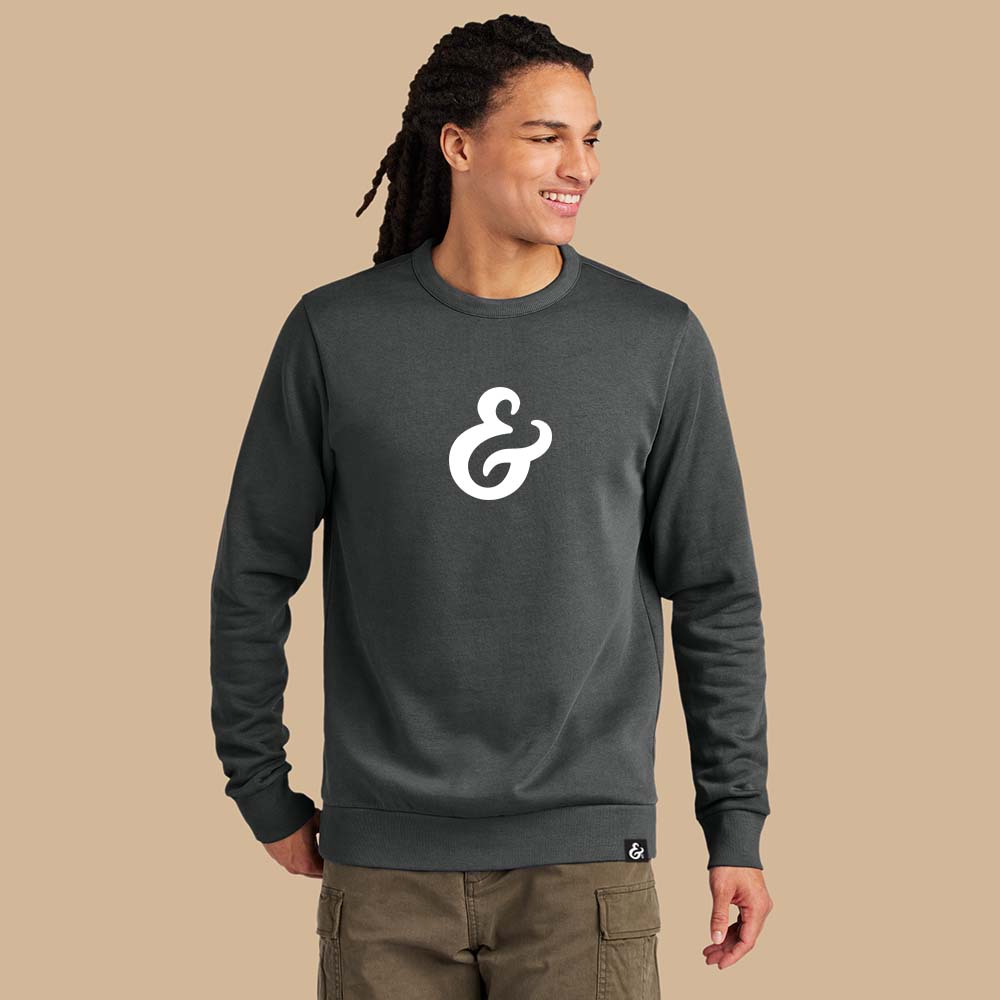 Dark Gray fleece sweatshirt with a white ampersand on the front on a model