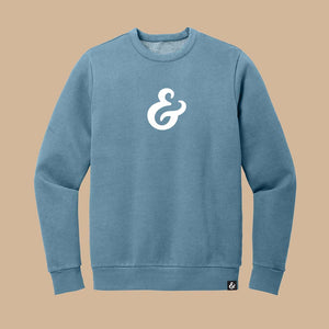 Dusk Blue fleece sweatshirt with a white ampersand on the front