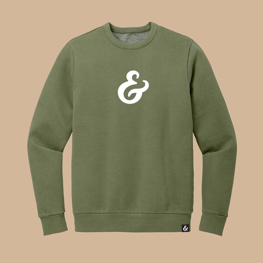 Olive Green fleece sweatshirt with a white ampersand on the front