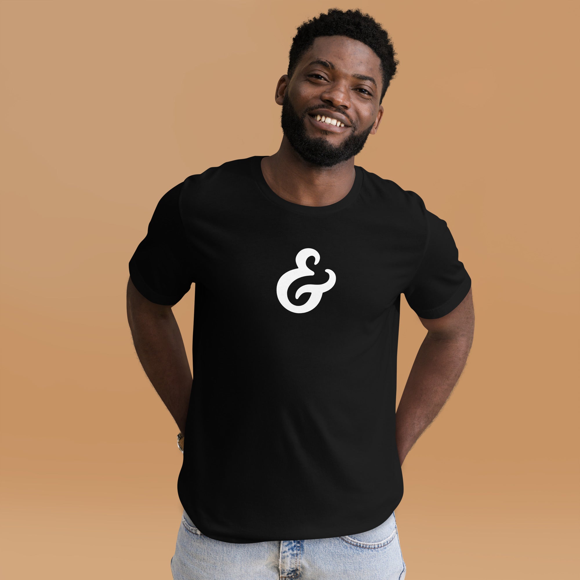 Black T-shirt with a white ampersand on the front on a model