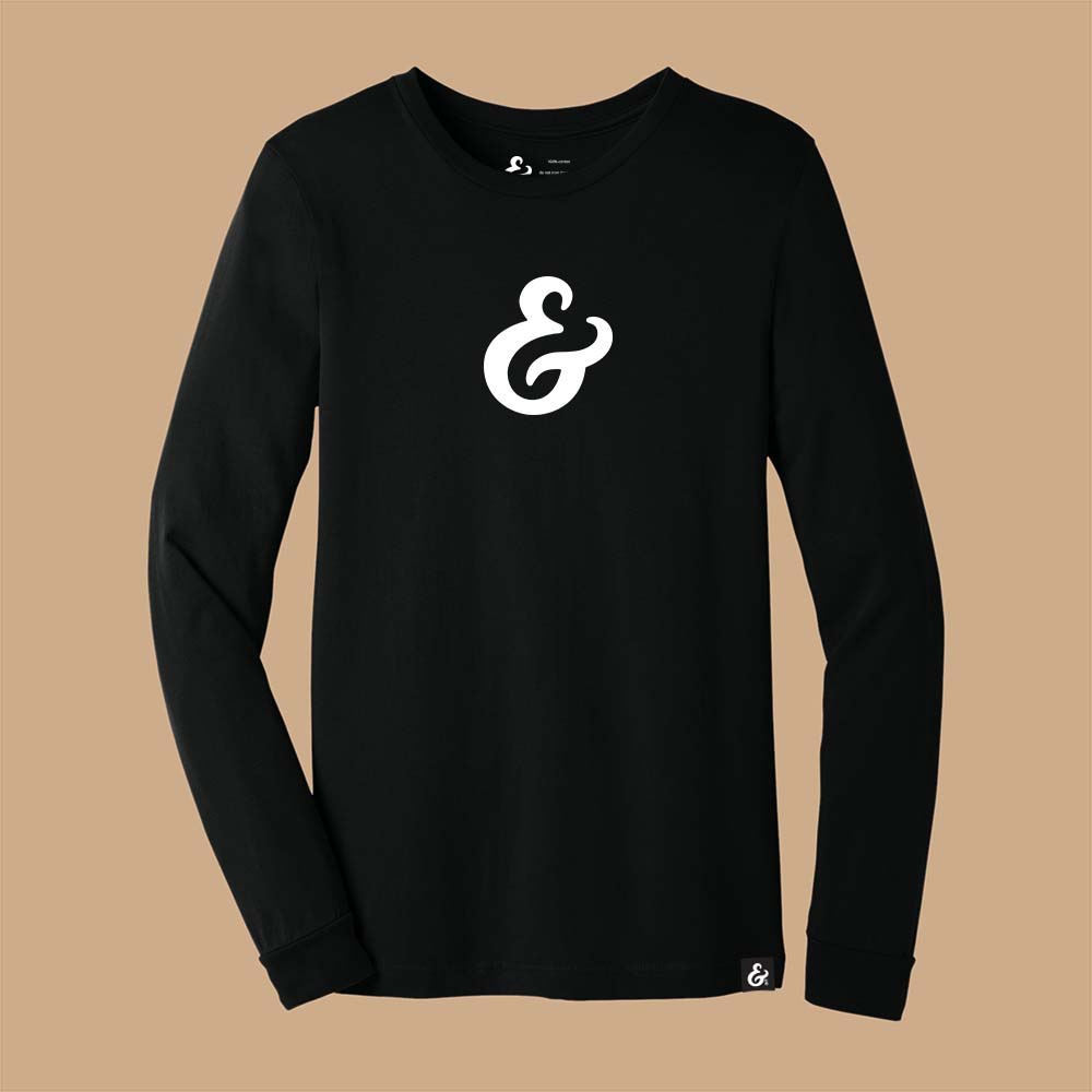 Black long sleeve T-shirt with a white ampersand on the front