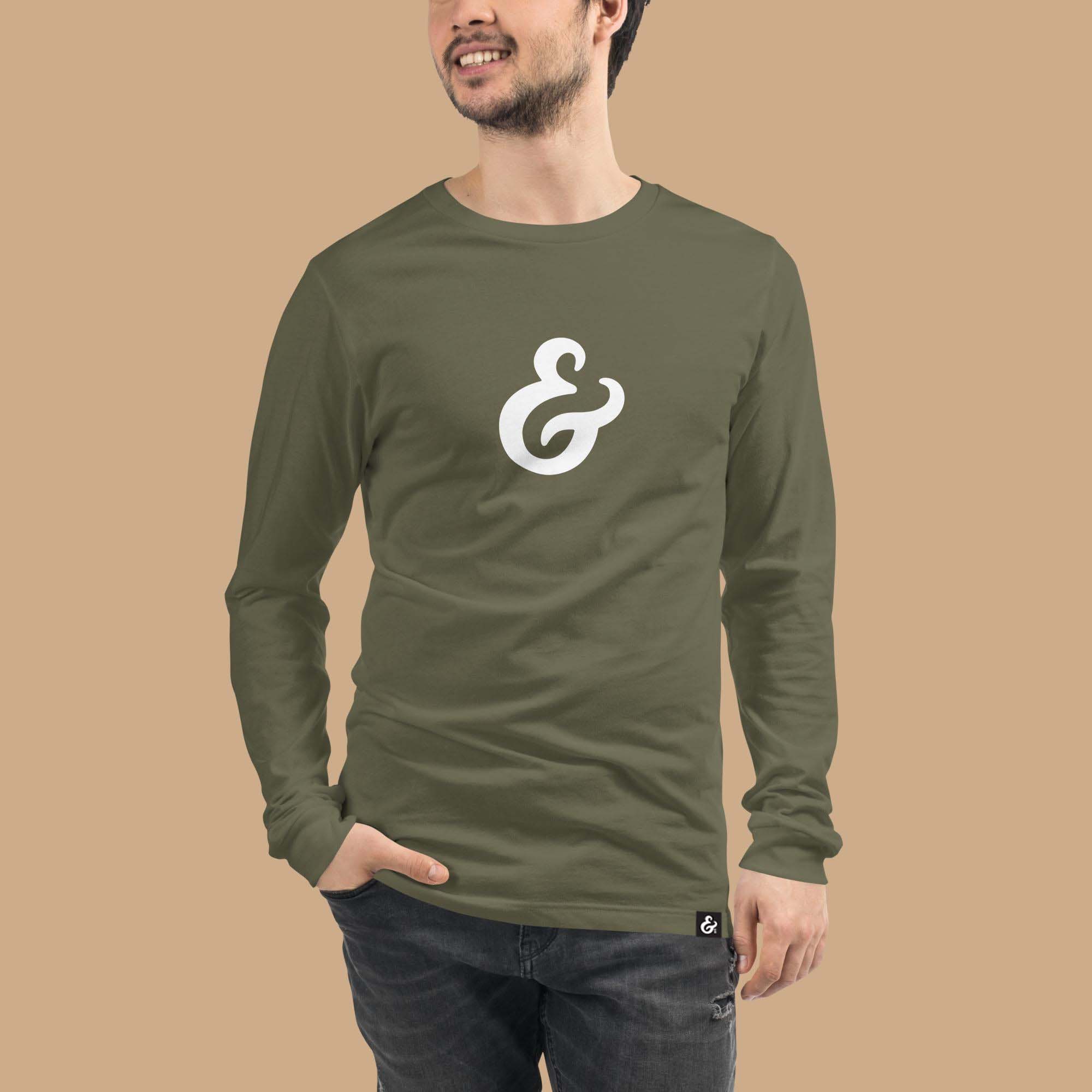 Olive Green long sleeve T-shirt with a white ampersand on the front on a model