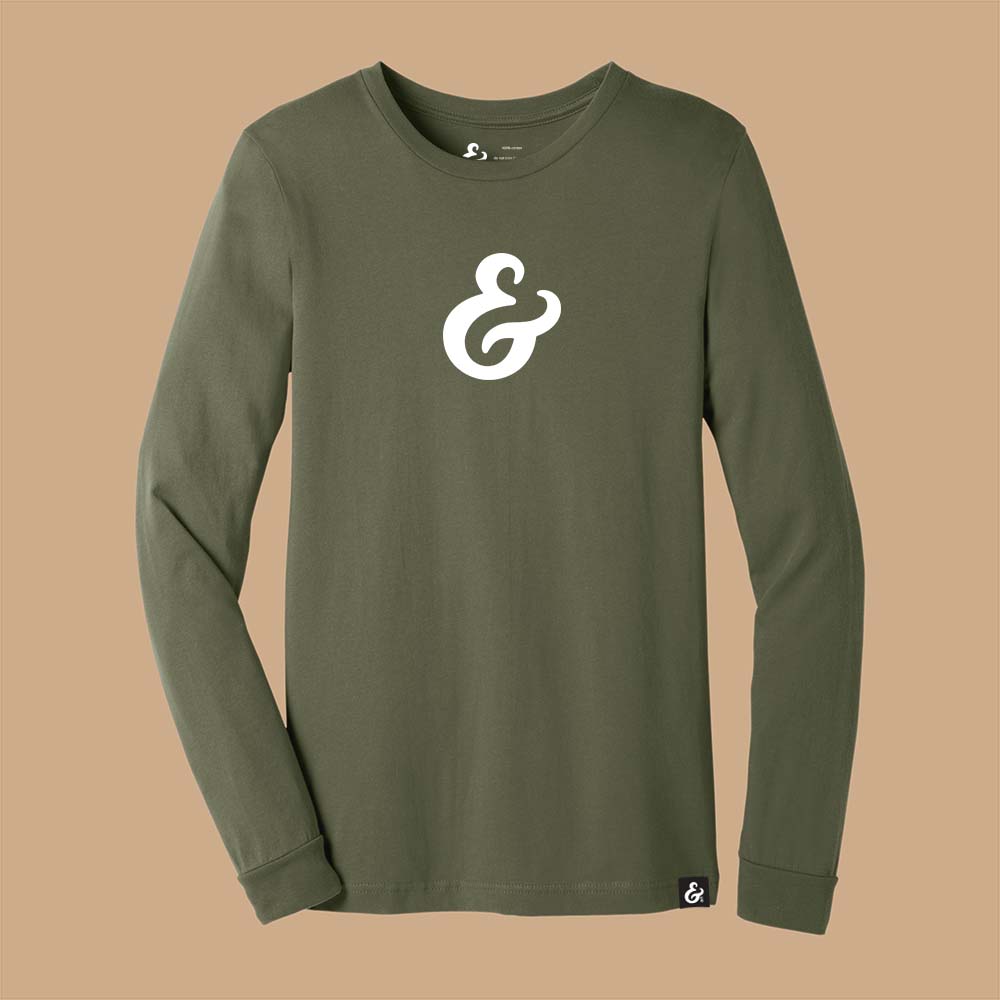 Olive Green long sleeve T-shirt with a white ampersand on the front