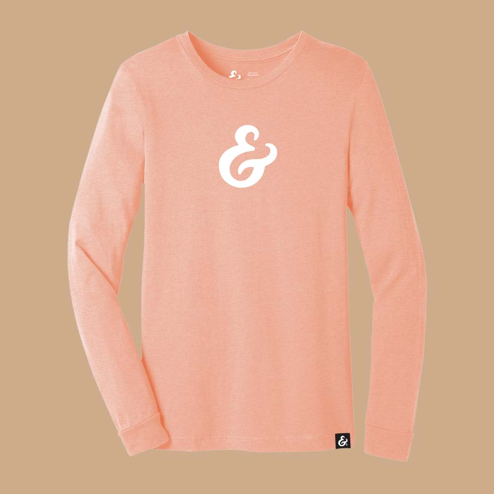 Peach long sleeve T-shirt with a white ampersand on the front
