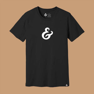 Black T-shirt with a white ampersand on the front