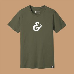 Olive Green T-shirt with a white ampersand on the front