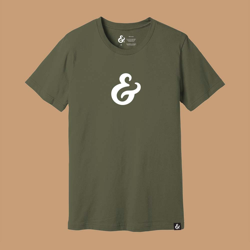 Olive Green T-shirt with a white ampersand on the front