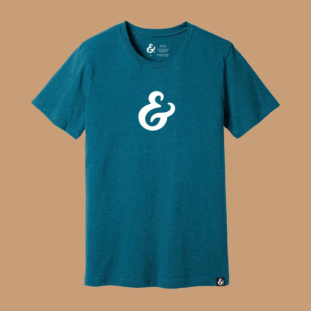 Teal Heather T-shirt with a white ampersand on the front