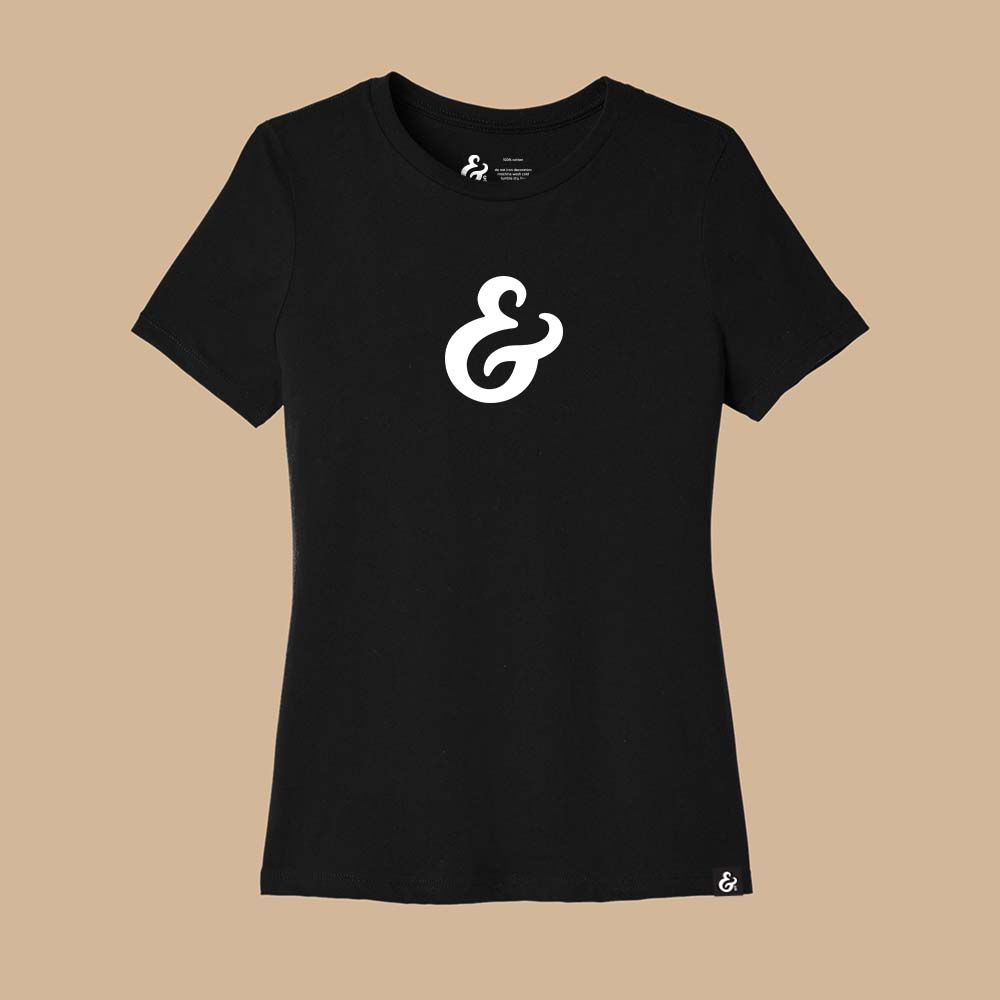 Black womens relaxed fit T-shirt with a white ampersand on the front