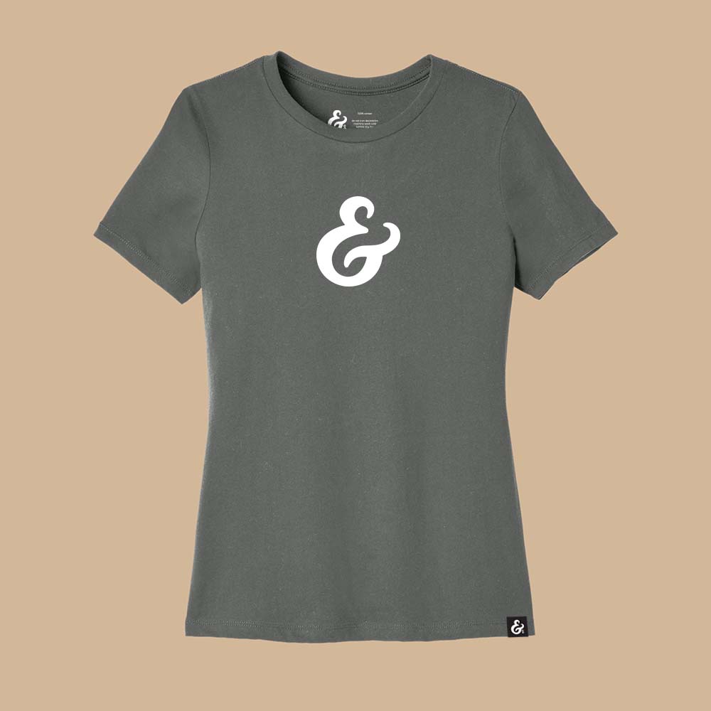 Gray womens relaxed fit T-shirt with a white ampersand on the front