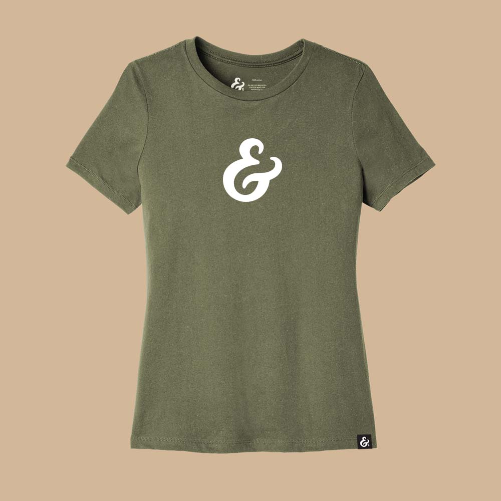 Olive Green womens relaxed fit T-shirt with a white ampersand on the front