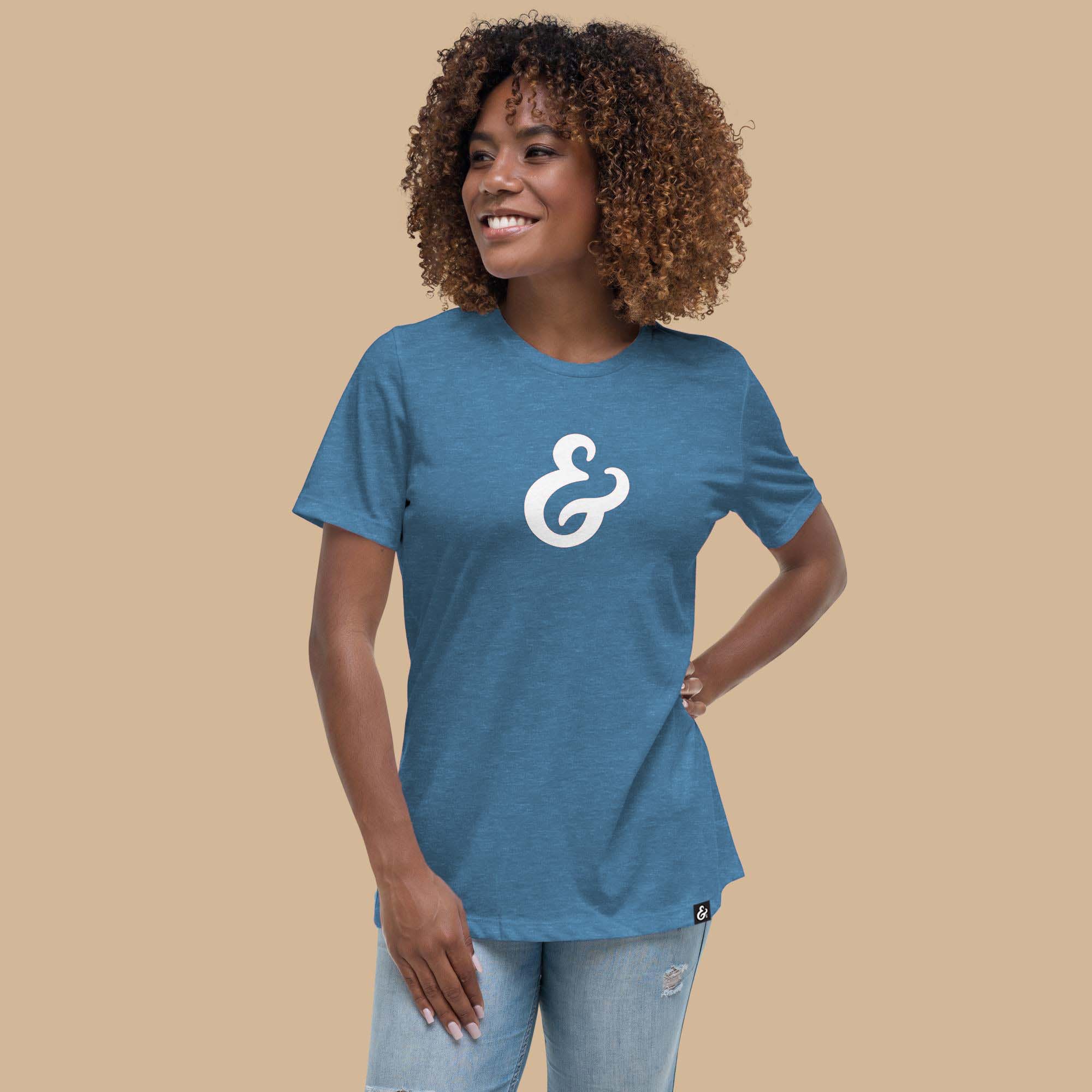 Teal Heather womens relaxed fit T-shirt with a white ampersand on the front on a model